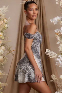 Oh Polly Georgette And Chiffon^Draped Neck A-Line Mini Dress in Grey Print GreyPrint