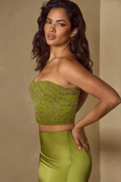 Oh Polly Tops | Wedding Guest^Embellished Bandeau Corset Top in Olive
