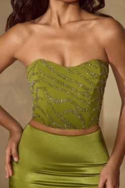 Oh Polly Tops | Wedding Guest^Embellished Bandeau Corset Top in Olive
