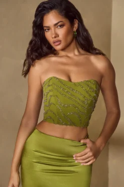 Oh Polly Tops | Wedding Guest^Embellished Bandeau Corset Top in Olive