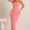 Oh Polly Wedding Guest | Birthday^Embellished Bandeau Cowl Neck Maxi Dress in Coral