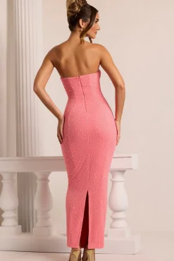Oh Polly Wedding Guest | Birthday^Embellished Bandeau Cowl Neck Maxi Dress in Coral