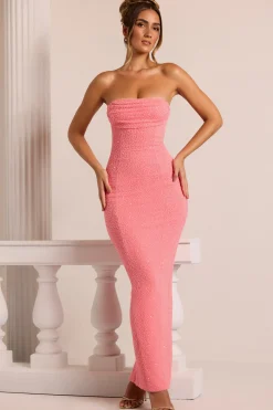 Oh Polly Wedding Guest | Birthday^Embellished Bandeau Cowl Neck Maxi Dress in Coral