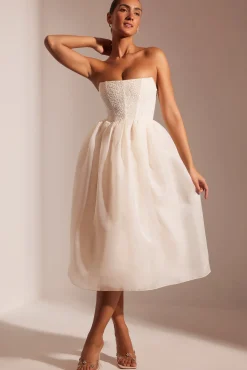 Oh Polly Party Dresses | Birthday^Embellished Corset Tulle Skirt Midi Dress in Ivory