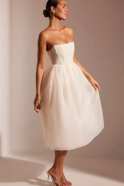 Oh Polly Party Dresses | Birthday^Embellished Corset Tulle Skirt Midi Dress in Ivory