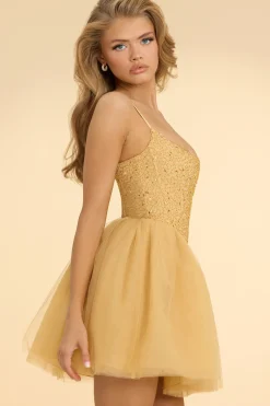 Oh Polly Women'S Clothing Sale - $65 And Under | Party Dresses^Embellished Corset Tulle Skirt Mini Dress in Gold