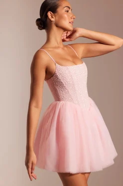Oh Polly Party Dresses | Birthday^Embellished Corset Tulle Skirt Mini Dress in Blush