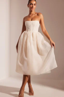Oh Polly Party Dresses | Birthday^Embellished Corset Tulle Skirt Midi Dress in Ivory