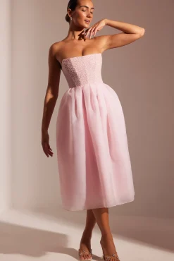 Oh Polly Party Dresses | Birthday^Embellished Corset Tulle Skirt Midi Dress in Blush