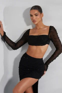 Oh Polly Co-Ords | Tops^Embellished Cowl Neck Crop Top in Black