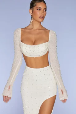 Oh Polly Tops | Party Dresses^Embellished Cowl Neck Crop Top in Ivory