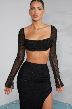 Oh Polly Co-Ords | Tops^Embellished Cowl Neck Crop Top in Black