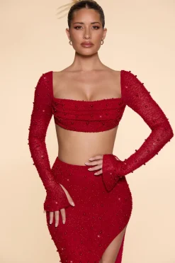 Oh Polly Co-Ords | Tops^Embellished Cowl Neck Crop Top in Red
