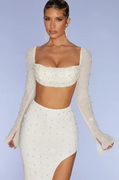 Oh Polly Tops | Party Dresses^Embellished Cowl Neck Crop Top in Ivory
