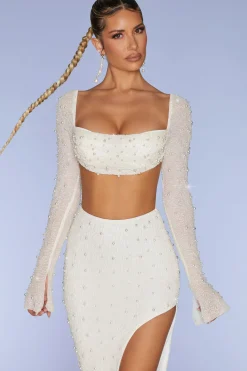 Oh Polly Tops | Party Dresses^Embellished Cowl Neck Crop Top in Ivory
