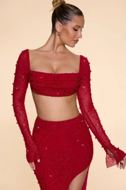 Oh Polly Co-Ords | Tops^Embellished Cowl Neck Crop Top in Red