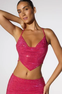 Oh Polly Tops | Party Dresses^Embellished Cowl Neck Open Back Crop Top in Hot Pink HotPink