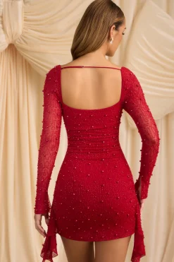 Oh Polly Embellished Dresses^Embellished Cowl-Neck Draped Mini Dress in True Red TrueRed