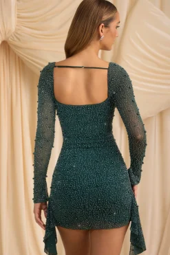 Oh Polly Embellished Dresses^Embellished Cowl-Neck Draped Mini Dress in Emerald Green EmeraldGreen