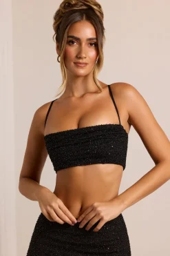 Oh Polly Tops^Embellished Cross Back Crop Top in Black