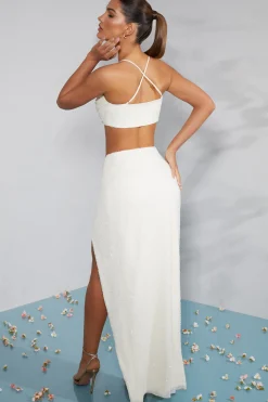 Oh Polly Co-Ords | Tops^Embellished Cross Back Crop Top in Ivory