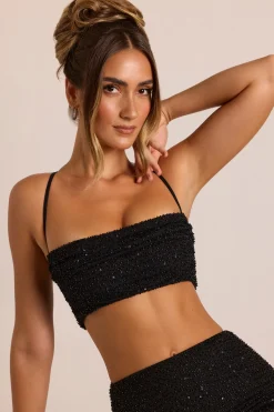 Oh Polly Tops^Embellished Cross Back Crop Top in Black