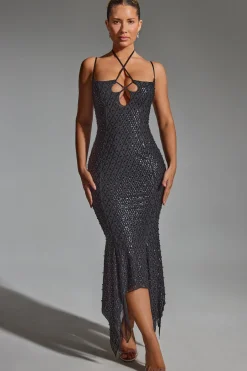 Oh Polly Party Dresses | Holiday Party Dresses & Outfits^Embellished Cut-Out Asymmetric Midaxi Dress in Black