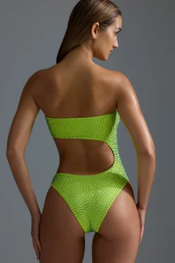 Oh Polly Swimsuits^Embellished Cut-Out Cheeky One-Piece Swimsuit in Acid Lime AcidLime