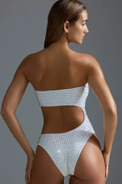 Oh Polly Swimsuits^Embellished Cut-Out Cheeky One-Piece Swimsuit in White