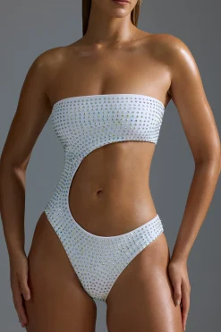Oh Polly Swimsuits^Embellished Cut-Out Cheeky One-Piece Swimsuit in White