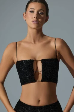 Oh Polly Co-Ords | Tops^Embellished Cut-Out Crop Top in Black