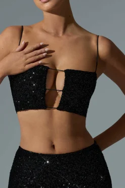 Oh Polly Co-Ords | Tops^Embellished Cut-Out Crop Top in Black
