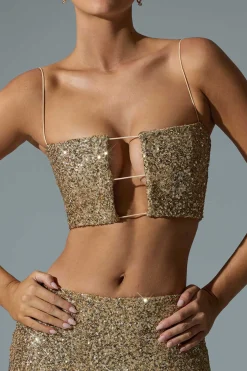 Oh Polly Tops | Party Dresses^Embellished Cut-Out Crop Top in Gold