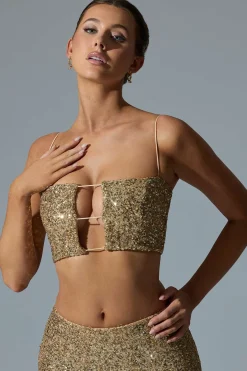 Oh Polly Tops | Party Dresses^Embellished Cut-Out Crop Top in Gold
