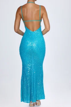 Oh Polly Wedding Guest | Mesh Dresses^Embellished Cut-Out Halterneck Maxi Dress in Turquoise