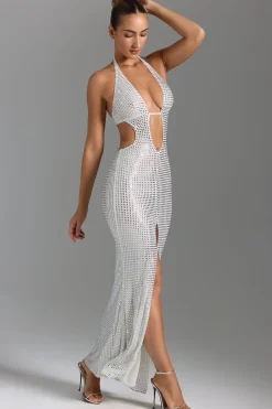 Oh Polly Party Dresses | Birthday^Embellished Cut-Out Halterneck Maxi Dress in White
