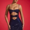 Oh Polly Party Dresses | Birthday^Embellished Cut-Out Mini Dress in Navy