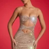 Oh Polly Party Dresses | Birthday^Embellished Cut-Out Mini Dress in Almond