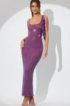 Oh Polly Party Dresses | Birthday^Embellished Draped Ruffle Maxi Dress in Plum