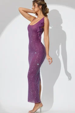 Oh Polly Party Dresses | Birthday^Embellished Draped Ruffle Maxi Dress in Plum