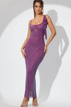 Oh Polly Party Dresses | Birthday^Embellished Draped Ruffle Maxi Dress in Plum