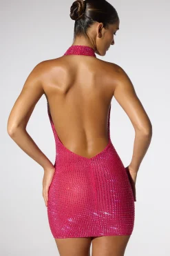Oh Polly Party Dresses | Birthday^Embellished Extreme Cowl Neck Halter Mini Dress in Hot Pink HotPink