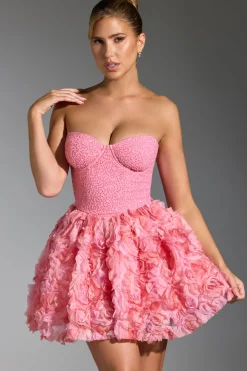 Oh Polly Party Dresses | Birthday^Embellished Floral-Appliqué Lace-Up Mini Dress in Pink