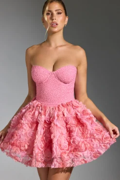 Oh Polly Party Dresses | Birthday^Embellished Floral-Appliqué Lace-Up Mini Dress in Pink