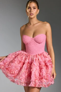 Oh Polly Party Dresses | Birthday^Embellished Floral-Appliqué Lace-Up Mini Dress in Pink