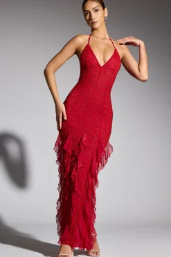 Oh Polly Wedding Guest | Party Dresses^Embellished Halter Neck Ruffle Maxi Dress in Red