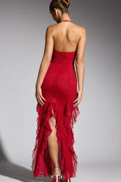 Oh Polly Wedding Guest | Party Dresses^Embellished Halter Neck Ruffle Maxi Dress in Red