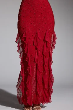Oh Polly Wedding Guest | Party Dresses^Embellished Halter Neck Ruffle Maxi Dress in Red
