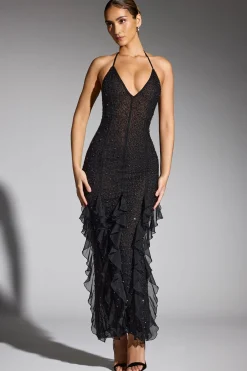 Oh Polly Wedding Guest | Party Dresses^Embellished Halter Neck Ruffle Maxi Dress in Black