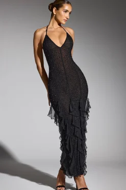 Oh Polly Wedding Guest | Party Dresses^Embellished Halter Neck Ruffle Maxi Dress in Black